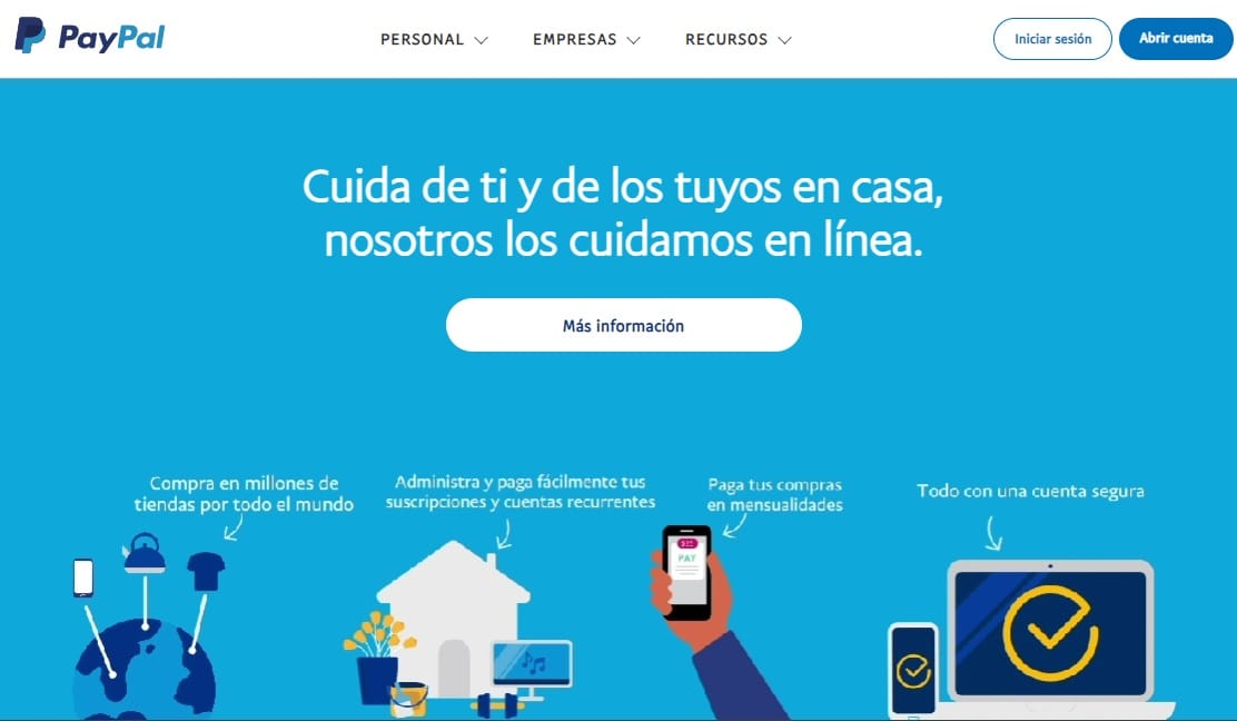 Plataforma de paypal en la página principal